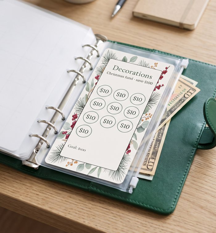 Christmas Decorations savings card in a green binder