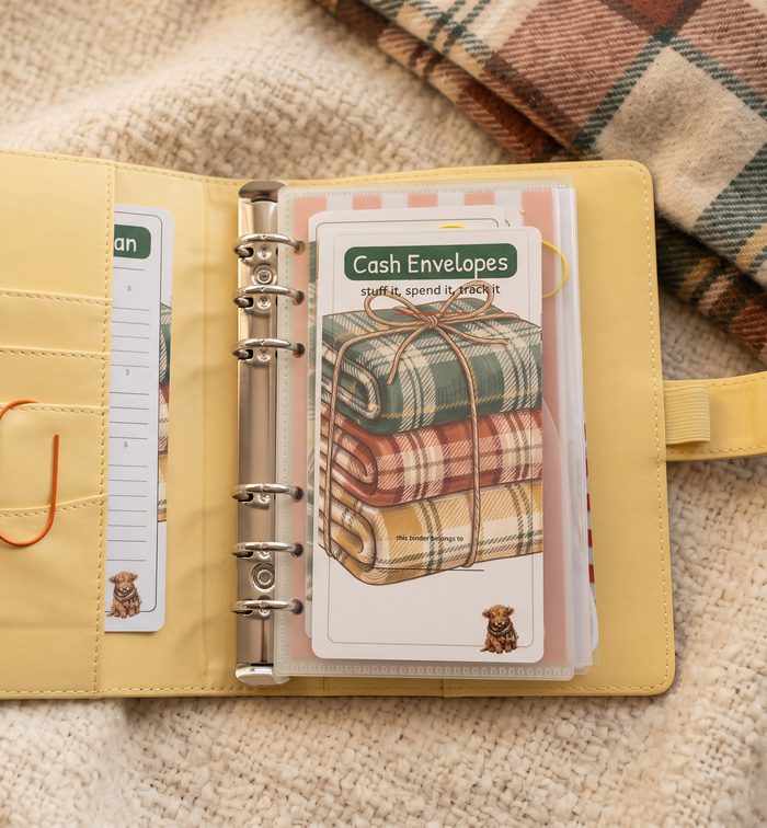 Plaid cash envelope kit in a yellow binder